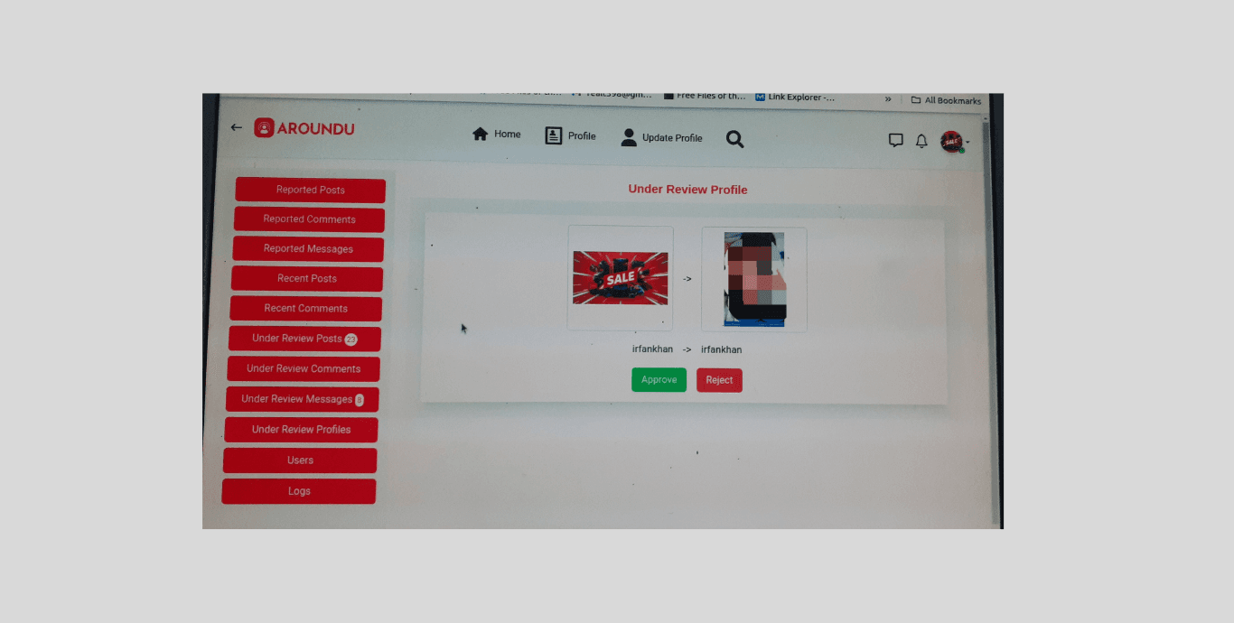 Aroundu Social admin view of posts, reported content, and registrations