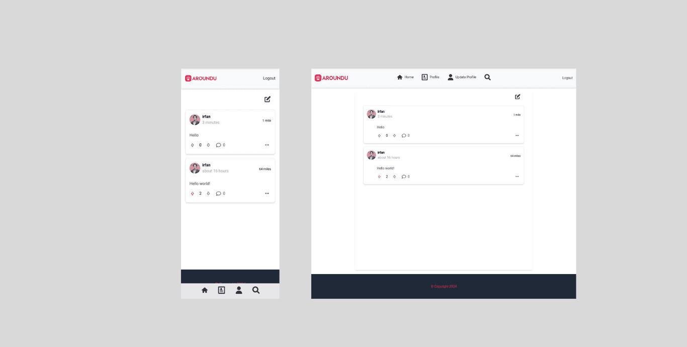 Aroundu Social feed with posts, votes, comments, and distance labels