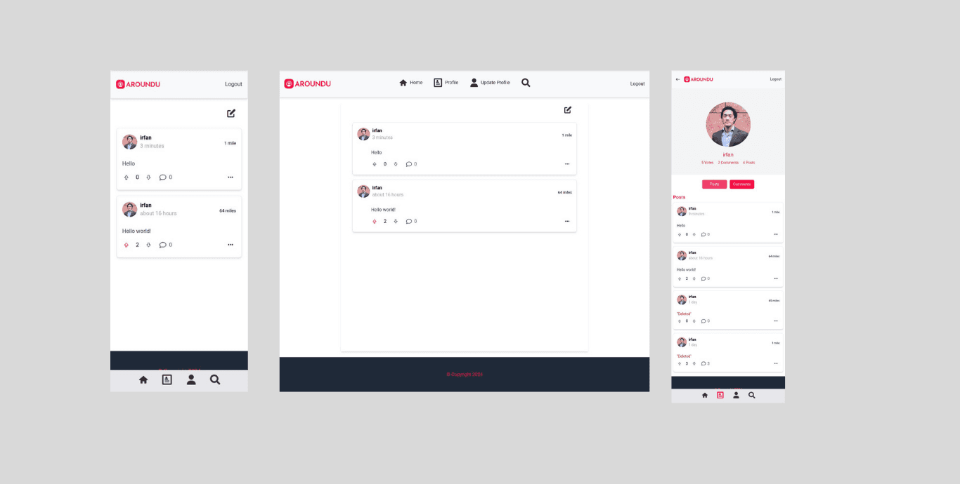 Aroundu Social feed on mobile and desktop alongside a user profile