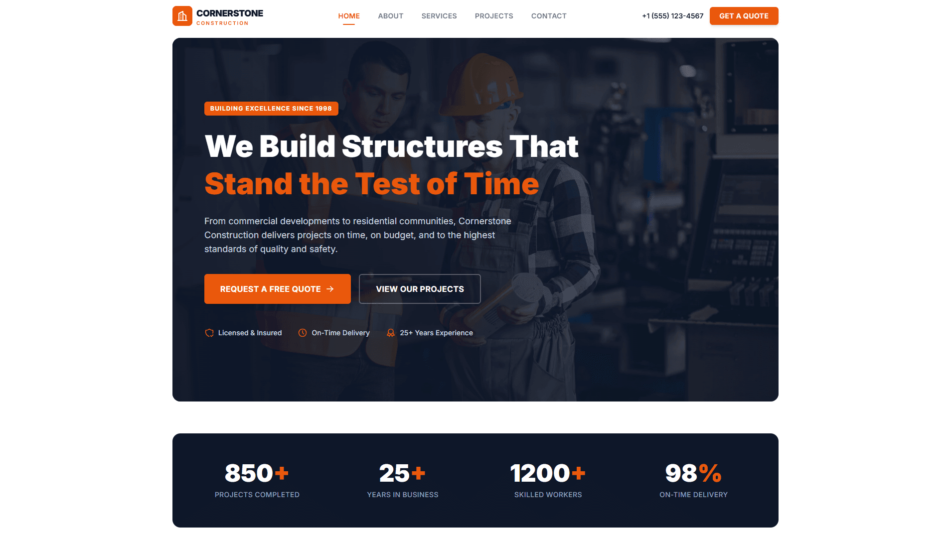 Cornerstone Construction hero section with headline and feature icons
