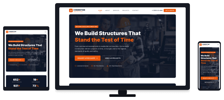 Cornerstone Construction mockup frame showing homepage layout across desktop and mobile