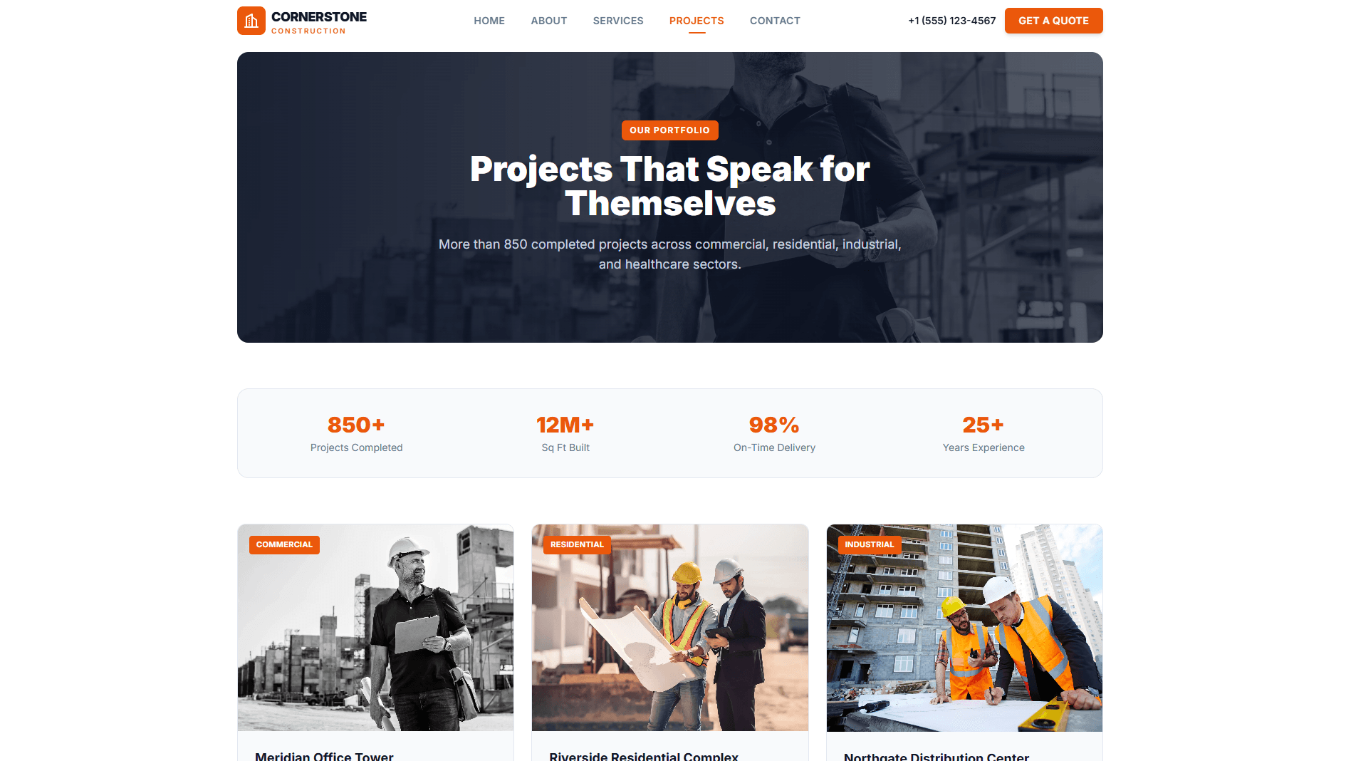 Cornerstone Construction team photo and company story section