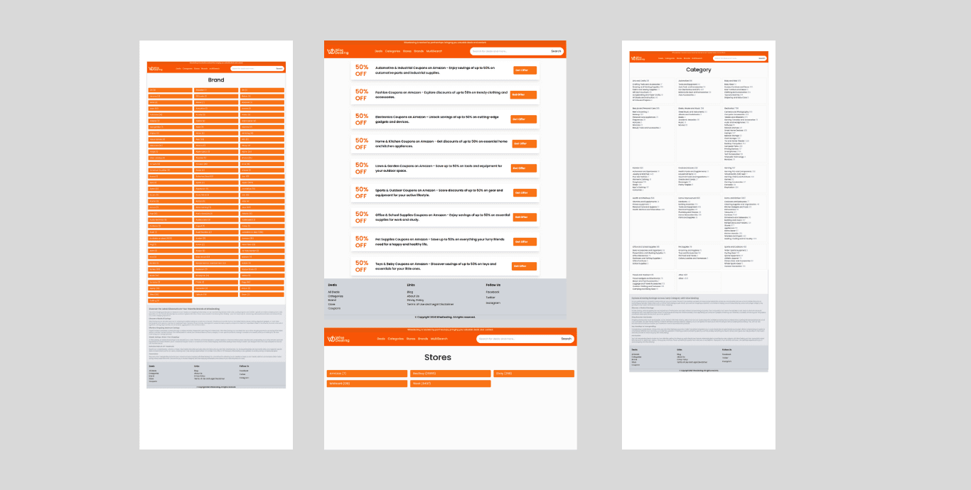 WiseDealing brand and category indexes alongside aggregated retailer coupons