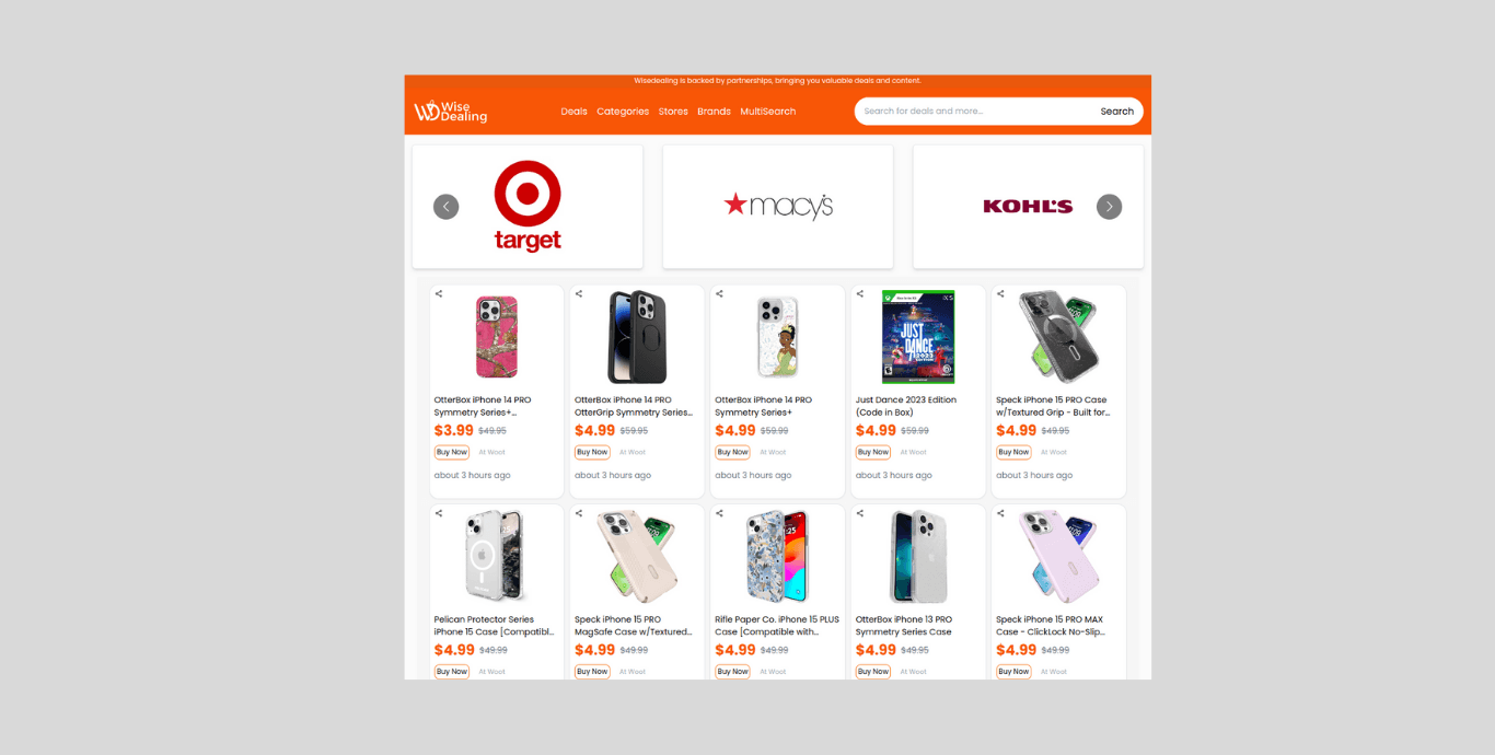 WiseDealing homepage with the retailer carousel and product grid