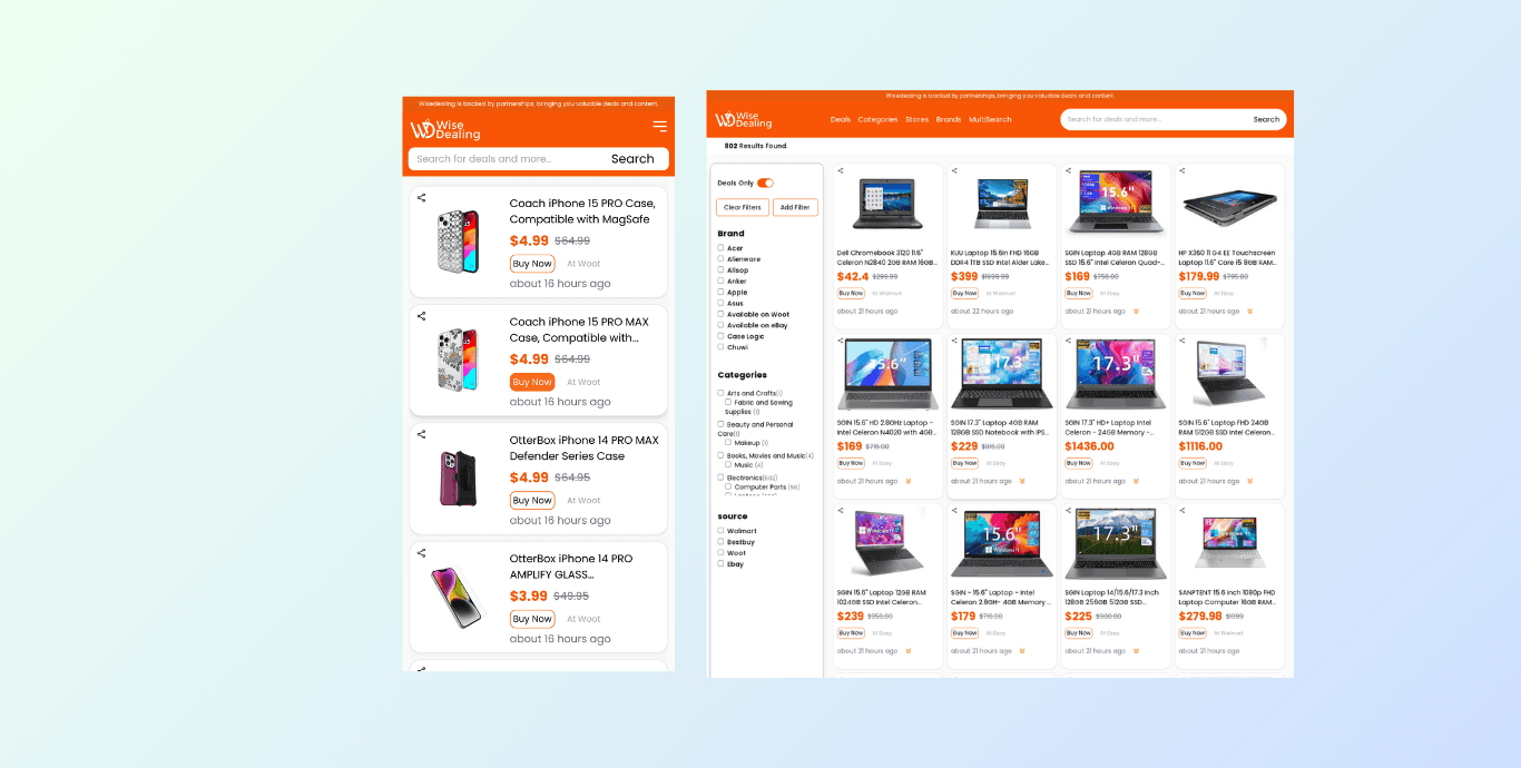 WiseDealing deals listing with brand, category, and store filters